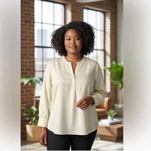 Land’s End Cream‎ V-neck Blouse L Women Silky Career Long Sleeve Office Dinner